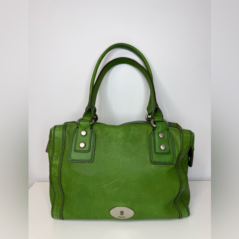 Fossil Kelly Green Pebble Leather Marlow Satchel Bag Purse Top Zip Closure
